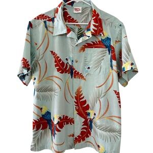 Men’s Hawaiian Shirt Barefoot in Paradise Parrots Summer Large Vintage Multi